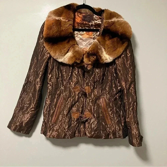 Vakko Y2K rabbit fur wrinkled jacket with leather trim  duffle jacket snap - Picture 1 of 8